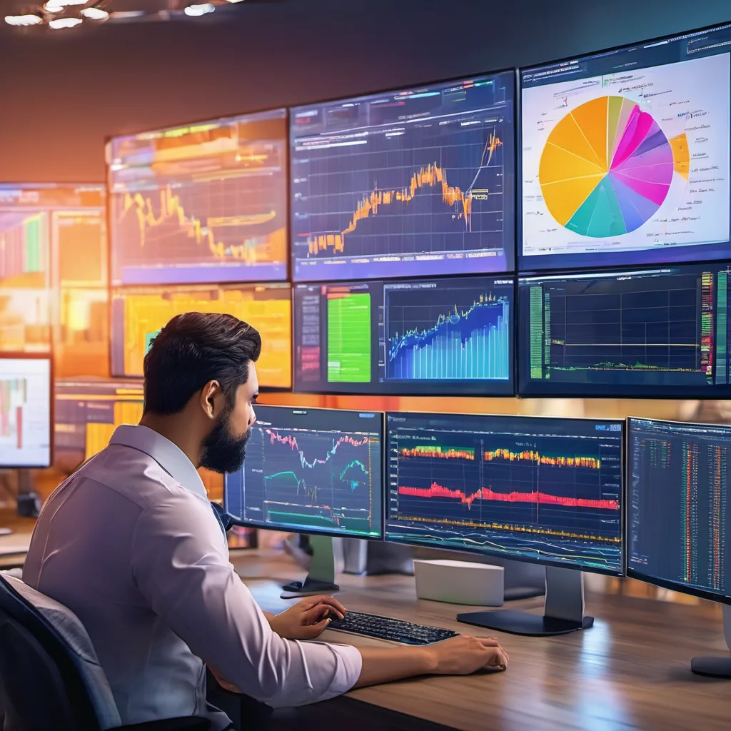 Trader at a multi-monitor desk reviewing live price and volume charts